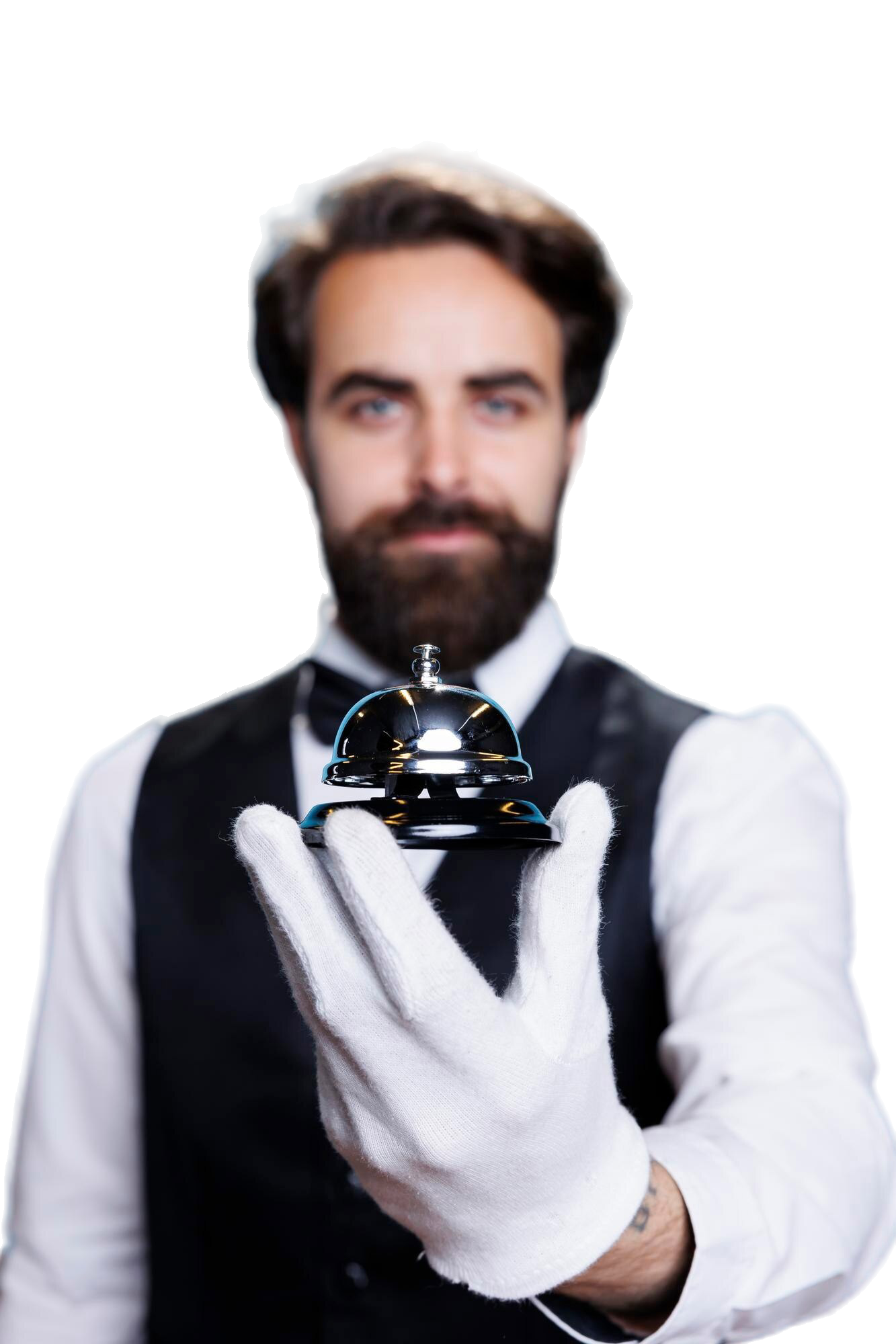 Uniformed hospitality staff member holding a service bell